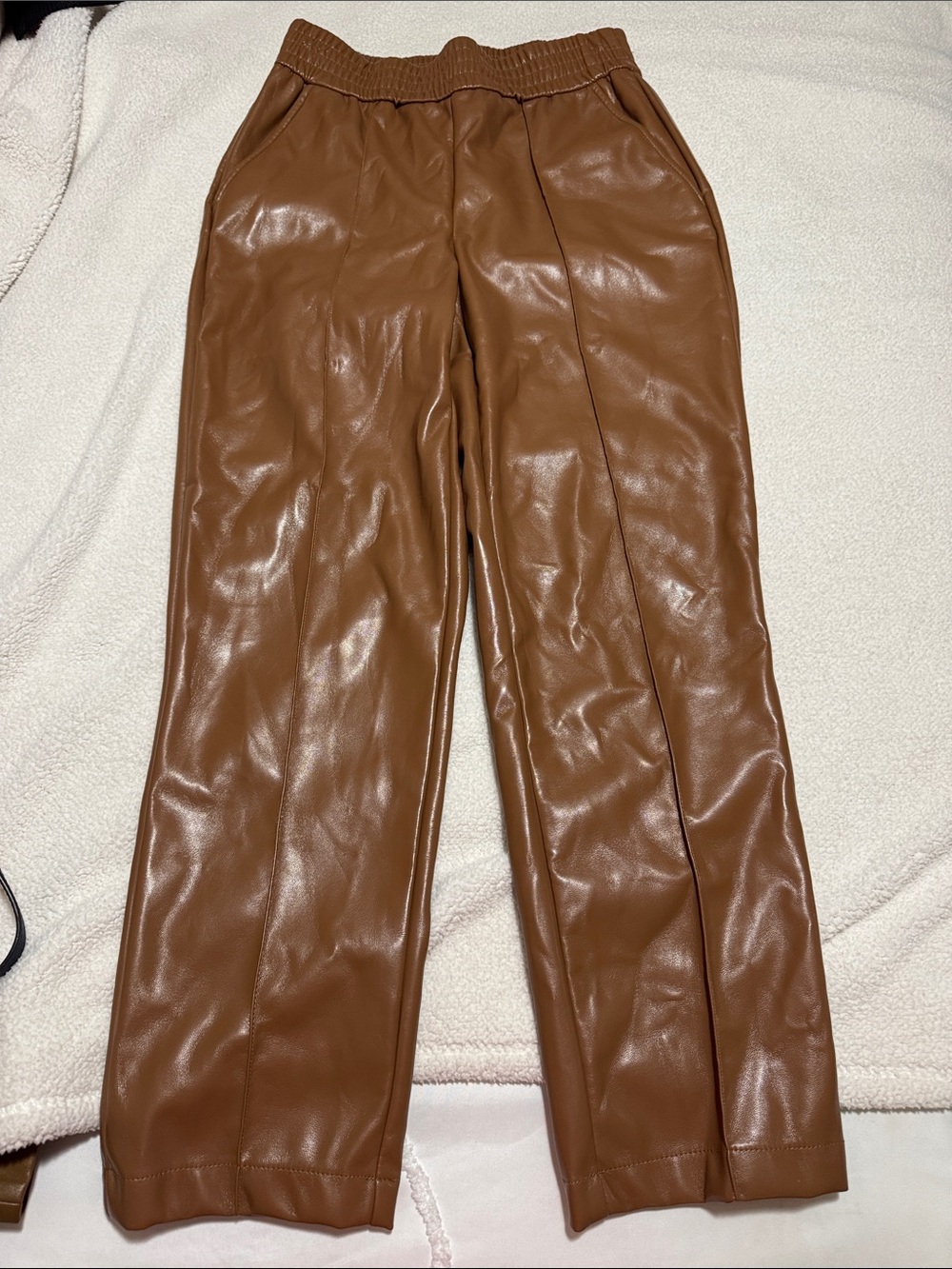 Women’s Brown Faux Leather Elastic Waist Chinos